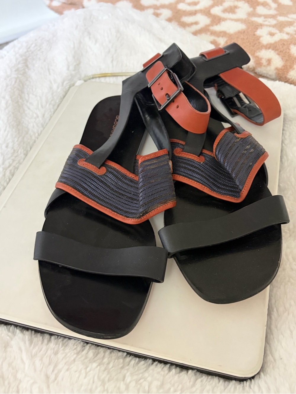 BCBG Max Azaria Women’s Black Sandals with Rust Trim and Buckle